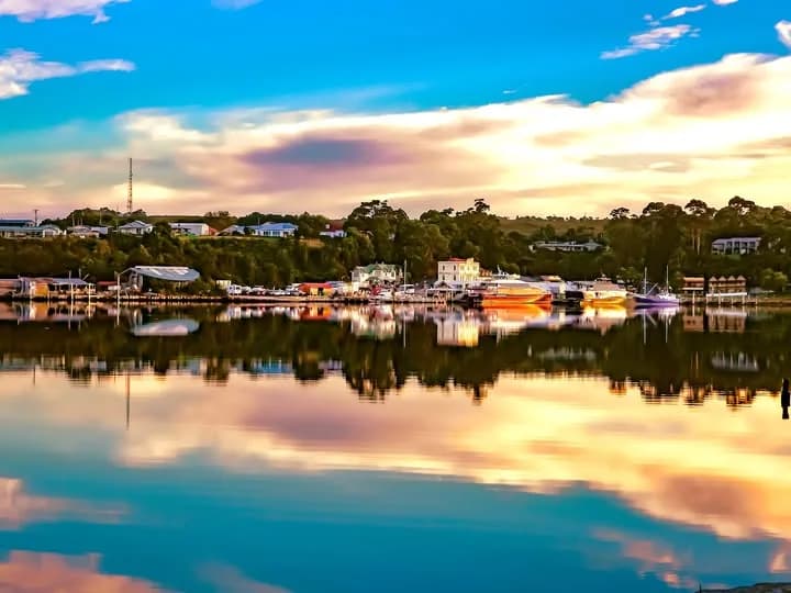 Strahan harbour at sunset, 40 minutes from Zeehan