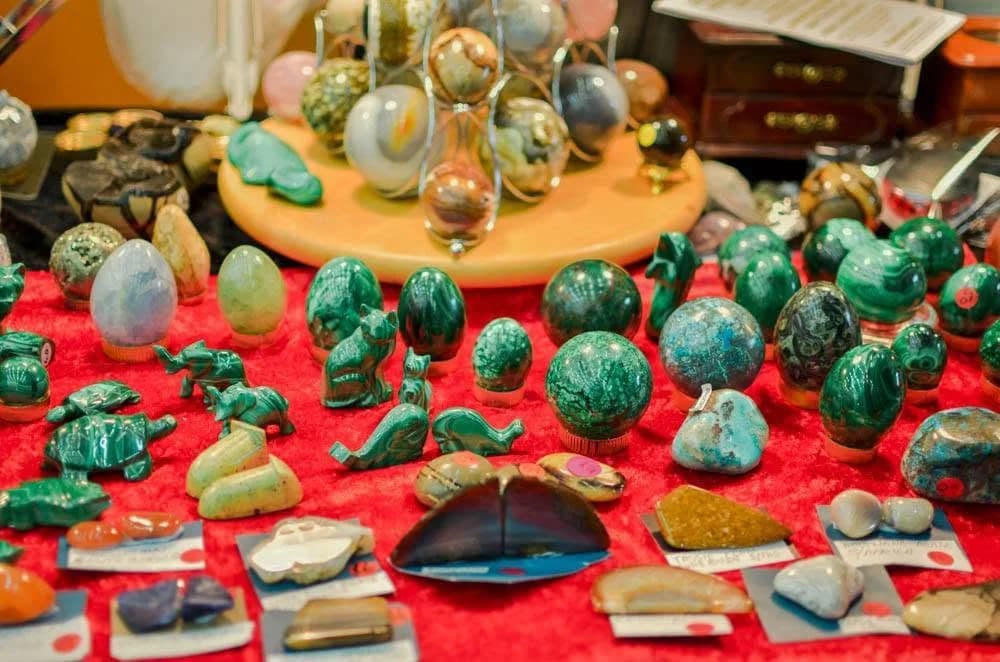 Polished stones and carvings at the Zeehan gem and mineral fair